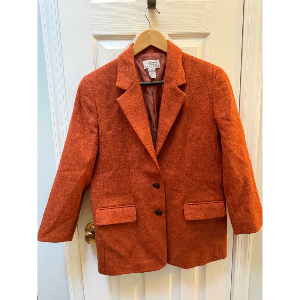 Talbots Petites Vintage 100% Wool Blazer Burnt Orange Rust Crest Button Size 14P